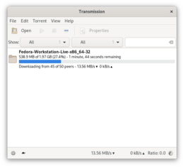 Transmission in funzione su Linux con un torrent in download