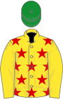 Yellow, red stars on body, green cap