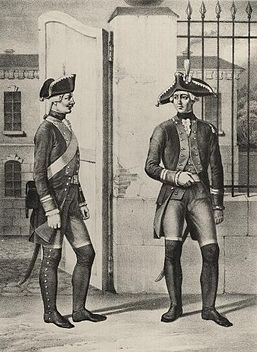 Fältväbel och underfänrik vid infanteriet i uniform modell 1773.