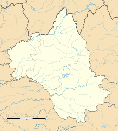 Mapa konturowa Aveyron, blisko centrum na prawo znajduje się punkt z opisem „Saint-Saturnin-de-Lenne”