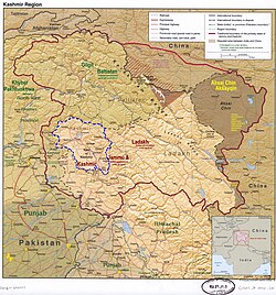 Baramulla lies in the Kashmir division (neon blue) of the Indian union territory Jammu and Kashmir (shaded tan)