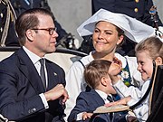 With Prince Daniel, Duke of Västergötland, Prince Oscar, Duke of Skåne, and Princess Estelle, Duchess of Östergötland during the National Day of Sweden (6 June 2019)