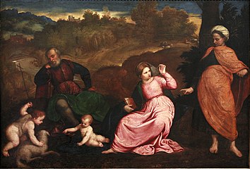 Paris Bordone: The Rest on the Flight into Egypt, ca. 1530. Elisabet, a la dreta, com a clarivident gitana