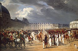 Invalid handing a petition to Napoleon at the parade in the court of the Tuileries Palace 1838