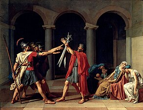 Oath of the Horatii; by Jacques-Louis David; 1784; oil on canvas; 3.3 x 4.27 m; Louvre[169]