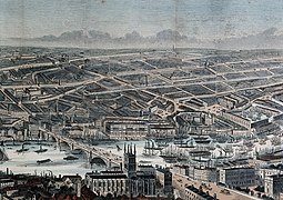 Active navigation on the Thames in the mid-19th century, in an engraving by Frederick James Smyth. Tall-masted ships crowd downstream, while barges and steamboats with smoking smokestacks are allowed to cross London Bridge.