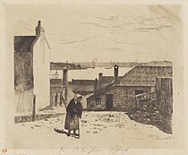 'Old woman in urban street', an etching dated 1887.