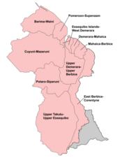 Map of Guyana showing the different regions with names