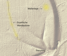 Gelb markierte Wallanlage und Wanderdüne nördlich des Stappweges im LIDAR-Bild