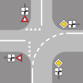 6.16.2 Guidestrips (example 2) indicate the course of the principal road ... in cases of a principal road's turn with adjoining roads