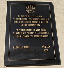 Hurban volunteers memorial plaque in Bratislava Rača