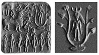 Horned deity with one-horned attendants on an Indus Valley seal. Horned deities are a standard Mesopotamian theme. 2000-1900 BCE. Islamabad Museum.[65][web 4][66][67]