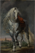 White Horse trotting over a flat Landscape before a City (SM 246).png