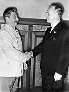 Soviet dictator Joseph Stalin (pictured left) and German foreign minister Joachim von Ribbentrop in the Kremlin in August 1939, on the occasion of the signing of the Molotov-Ribbentrop Pact, the non-aggression pact between the Soviet Union and Nazi Germany.