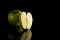 * Nomination green apple in a black background --Rodrigo.Argenton 19:16, 8 September 2014 (UTC) * Promotion  Comment Why the whole space at right if the reflection is cropped--Lmbuga 19:39, 8 September 2014 (UTC) Golden ration :P, same in the goiaba photo. But if you or more guys want, I can change the crop. --Rodrigo.Argenton 19:48, 8 September 2014 (UTC)  Support QI for this guy, but the composition could be better IMO--Lmbuga 21:06, 8 September 2014 (UTC)