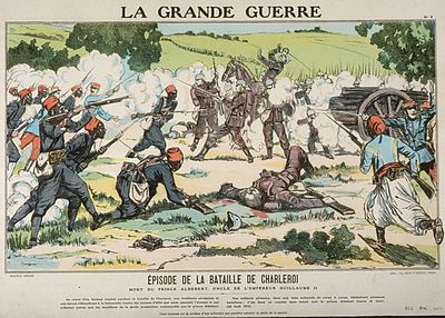 Dessin avec au centre un officier à cheval touché par une balle, entouré de fantassins allemands se défendant contre une attaque française.