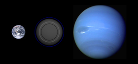 Taille comparée de PSR B1257+12 B avec la Terre et Neptune selon différents modèles de composition.Du plus petit au plus grand rayon :modèle de planète métallique pure,type tellurique à 67 % Fe, 32,5 % MgSiO3,aqueuse à 75 % H2O, 3 % Fe, 22 % MgSiO3,aqueuse pure dépourvue d'enveloppe H2/He