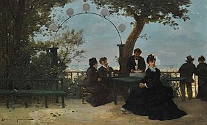 Le Goûter sur la terrasse, non daté, huile sur toile, 57 × 91 cm, Londres Sotheby's[15].