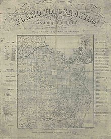 Mapa topográfico de la ciudad de San José de Cúcuta, actual capital del departamento de Norte de Santander, presentado al ayuntamiento el 1 de Julio de 1863 por el señor J.M Crespo y publicado en 1865 por la litografía de Ayala y Medran. El presente plano traza la cuadricula de la ciudad y el relieve de las zonas aledañas, en el costado izquierdo contiene convenciones indicando las calles de la ciudad con sus respectivos nombres, los puntos notables, los caminos y las iglesias, contiene un grabado haciendo alegoría probablemente a los grupos indígenas Chitareros y Motilones que habitaban la zona. En el costado derecho incluye una nota con la historia de Cúcuta que reza: “Ciudad de aproximadamente 8000 almas, está situada en un hermoso valle ligeramente inclinado de S a N (sur a norte), bañado por las aguas del río [a] 294 metros sobre el nivel del [mar a] una tempertatura de 21 ° a 52° del centígrado. Tuvo su origen a principios del siglo pasado cerca de la parroquia de Cúcuta. En 1734 formó curato separado con el nombre de San José de Guasimal, y en 1792 tomó el título de Villa San José de Cúcuta, en 1895 se la eligió para centro de la provincia de Santander y en el año de 1859 fue erigida en capital del departamento.”