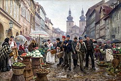 Havelská ulice s trhy a kostelem sv. Havla v pozadí v 19. století. Malba Vojtěch Bartoněk: Rekruti, 1888