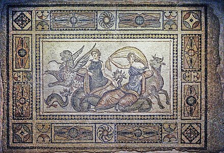 Europa velificans, "her fluttering tunic… in the breeze" (mosaic, Zeugma Mosaic Museum)