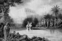 Baptism of Limhi by George M. Ottinger (1888). Zarahemla is visible in the background.