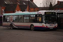 First Potteries Scania OmniCity on branded route 32 in Uttoxeter bus station.