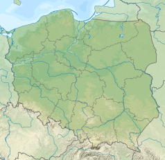 Mapa konturowa Polski, u góry po lewej znajduje się owalna plamka nieco zaostrzona i wystająca na lewo w swoim dolnym rogu z opisem „Jezioro Byczyńskie”