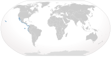 World map with blue shading along the western coast of the Americas from Baja California to Peru, and around the Galapagos and Hawaiian Islands