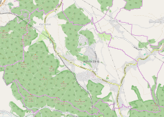 Mapa konturowa Jedliny-Zdroju, po lewej nieco u góry znajduje się punkt z opisem „Tunel kolejowy pod Małym Wołowcem”