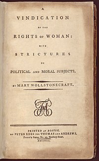 En la página dice "UNA VINDICACIÓN DE LOS DERECHOS DE LA MUJER: CON REFLEXIONES SOBRE ASUNTOS POLÍTICOS Y MORALES. POR MARY WOLLSTONECRAFT. EDITADA EN BOSTON, POR PETER EDES PARA THOMAS Y ANDREWS, Faust's Statue, No. 45, Newbury-Street, MDCCXCII."