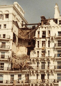 Close up of the Grand Hotel, showing the large hole caused by the explosion