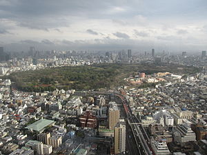 西新宿の高層ビルから渋谷方面を眺めた様子。明治神宮の右手前が青少年総合センター