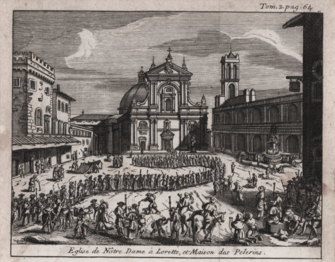 Gravure inversée d'Alexandre de Rogissart, représentant la place Notre-Dame à Lorette et la maison des pèlerins, Leyde, 1706.