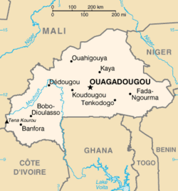 Map of Burkina Faso; Ouagadougou is represented by the star.