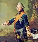 Prins Henrik av Preussen (1726-1802) iført moteriktig pudderparykk med høy tupé, det vil si høy pannelokk eller pompadur, 1769.