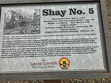 Shay plaque at a display in Williams, Arizona in 2020