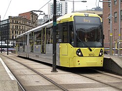 Metrolink tram at Shudehill Interchange, Manchester.