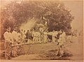 1882 - Production of hydrogen gas in the field with the captive balloon train of A. C. KREBS & C. RENARD. The steam winch from A. C. KREBS can be seen in the background. [3]