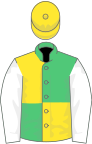 Emerald green and yellow quartered, white sleeves, yellow cap