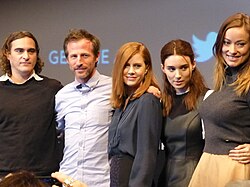 From left to right: actor Joaquin Phoenix, director Spike Jonze, actress Amy Adams, actress Rooney Mara and actress Olivia Wilde at the premiere of the film at the 2013 New York Film Festival