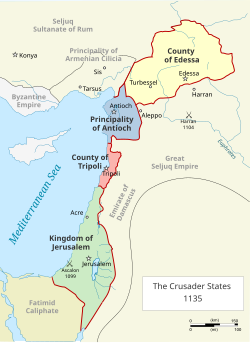 Map of the territorial extent of the Crusader states (Edessa, Antioch, Tripoli, and Jerusalem) in the Holy Land in 1135, shortly before the Second Crusade.