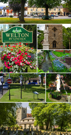 Clockwise from top: Welton town centre; the war memorial in front of St Mary's Church; Welton Beck; village pump; St Mary's Church with cemetery in foreground; Victoria's jubilee lamp; village sign on Lincoln Road