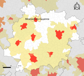 Localisation de l'aire d'attraction de Miramont-de-Guyenne dans le département de Lot-et-Garonne.