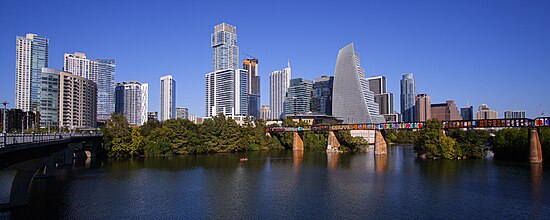 Wide photograph showing the Austin skyline