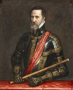 Un siglo más tarde que el de Santillana, Fernando Álvarez de Toledo, tercer duque de Alba (pintado por Tiziano) pertenece a una nobleza cuya máxima aspiración es figurar en el mejor puesto del servicio de una monarquía indiscutible. Destacado general de Carlos V y Felipe II, fue gobernador de Milán (1555), virrey de Nápoles (1556) y gobernador de los Países Bajos (1566), donde la leyenda negra le pintó como estereotipo negativo de hidalgo español. Caído en desgracia por un asunto matrimonial familiar, volvió a dirigir los ejércitos en la campaña de Portugal (1580). Los Alba encabezaron la facción imperial, albista, hispanista o castellanista -opuesta a los ebolistas en el siglo XVI, y a los ensenadistas en el XVIII-.