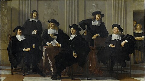 The Regents of the Spinhuis and the Nieuwe Werkhuis in Amsterdam label QS:Len,"The Regents of the Spinhuis and the Nieuwe Werkhuis in Amsterdam" label QS:Lnl,"De regenten van het Spinhuis en Nieuwe Werkhuis te Amsterdam" 1669. oil on canvas medium QS:P186,Q296955;P186,Q12321255,P518,Q861259 . 225 × 390 cm (7.3 × 12.7 ft). Amsterdam, Rijksmuseum Amsterdam.