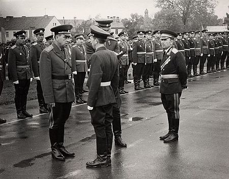 Uniform modell 1969. Till vänster i den första gruppen en general i daglig dräkt; till höger om gruppen en general i trupparaddräkt. I de bakre leden officerare i trupparaddräkt.