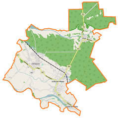 Mapa konturowa gminy Dobrzeń Wielki, po prawej nieco u góry znajduje się punkt z opisem „Parafia św. Jerzego w Kup”