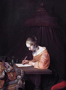 Gerard Ter Borch, Femme écrivant une lettre, vers 1655, 38 × 29 cm, La Haye, Mauritshuis.